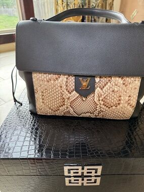 Louis Vuitton Black & Beige Python-Front Satchel
